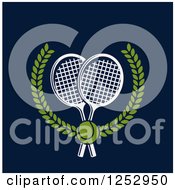 Poster, Art Print Of Tennis Ball Over Crossed Rackets In A Laurel Wreath On Navy Blue