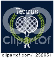 Poster, Art Print Of Tennis Ball Over Crossed Rackets In A Laurel Wreath With Text On Navy Blue