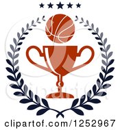 Poster, Art Print Of Basketball And Trophy Cup In A Laurel Wreath Under Stars