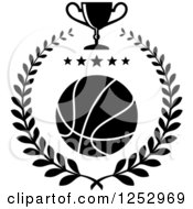 Poster, Art Print Of Black And White Basketball With Stars In A Laurel Wreath With A Trophy Cup