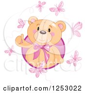 Poster, Art Print Of Cute Teddy Bear Emerging From A Circle With Pink Butterflies
