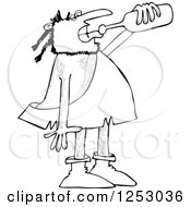Clipart Of A Black And White Caveman Drinking Wine From A Bottle Royalty Free Vector Illustration