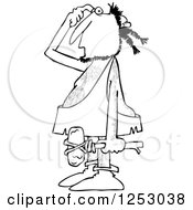 Clipart Of A Black And White Thinking Caveman Carrying A Hammer Royalty Free Vector Illustration