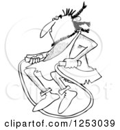 Clipart Of A Black And White Caveman Exercising With A Jump Rope Royalty Free Vector Illustration