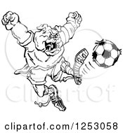 Poster, Art Print Of Sketched Black And White Bulldog Kicking A Soccer Ball