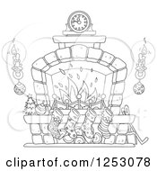 Clipart Of A Black And White Christmas Fireplace With Candles And Stockings Royalty Free Vector Illustration