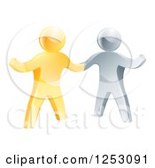 Clipart Of A Handshake Between 3d Gold And Silver Men With One Guy Gesturing Royalty Free Vector Illustration