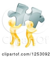 Poster, Art Print Of 3d Gold Men Carrying A Large Solution Puzzle Piece