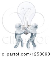 Clipart Of 3d Silver Men Carrying A Giant Light Bulb Royalty Free Vector Illustration