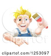 Clipart Of A Happy Blond Male Caucasian Painter Holding A Paintbrush And Pointing Down At A Sign Royalty Free Vector Illustration