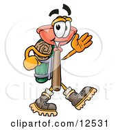 Sink Plunger Mascot Cartoon Character Hiking And Carrying A Backpack