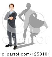 Brunette Caucasian Businesman Standing With Folded Arms And A Super Hero Shadow