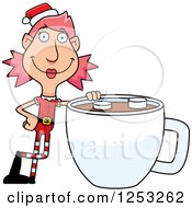 Clipart Of A Happy Woman Christmas Elf With A Giant Cup Of Hot Chocolate Royalty Free Vector Illustration by Cory Thoman