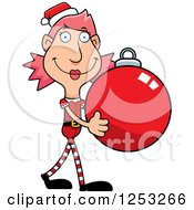 Happy Woman Christmas Elf Carying A Bauble Ornament