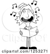 Clipart Of A Black And White Happy Woman Christmas Elf Singing Carols Royalty Free Vector Illustration by Cory Thoman