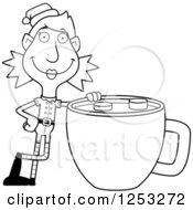 Poster, Art Print Of Black And White Happy Woman Christmas Elf With A Giant Cup Of Hot Chocolate
