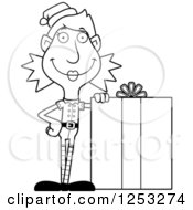 Black And White Happy Woman Christmas Elf With A Big Gift