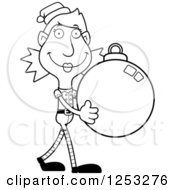 Clipart Of A Black And White Happy Woman Christmas Elf Carying A Bauble Ornament Royalty Free Vector Illustration by Cory Thoman