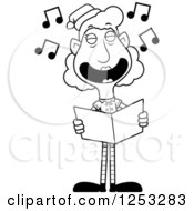 Clipart Of A Black And White Happy Grandma Christmas Elf Singing Carols Royalty Free Vector Illustration by Cory Thoman