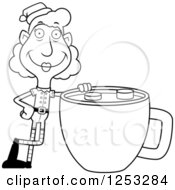 Poster, Art Print Of Black And White Happy Grandma Christmas Elf With A Giant Cup Of Hot Chocolate