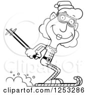 Clipart Of A Black And White Happy Grandma Christmas Elf Skiing Royalty Free Vector Illustration by Cory Thoman