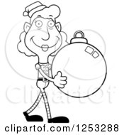 Black And White Happy Grandma Christmas Elf Carying A Bauble Ornament