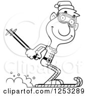 Clipart Of A Black And White Happy Man Christmas Elf Skiing Royalty Free Vector Illustration