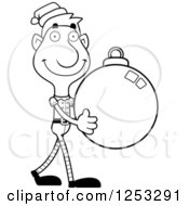 Clipart Of A Black And White Happy Man Christmas Elf Carying A Bauble Ornament Royalty Free Vector Illustration by Cory Thoman