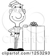 Black And White Happy Man Christmas Elf With A Big Gift