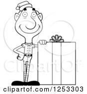Clipart Of A Black And White Happy Grandpa Christmas Elf With A Big Gift Royalty Free Vector Illustration