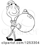 Clipart Of A Black And White Happy Grandpa Christmas Elf Carrying A Bauble Ornament Royalty Free Vector Illustration by Cory Thoman