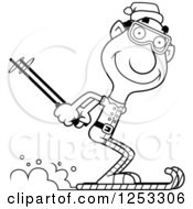 Clipart Of A Black And White Happy Grandpa Christmas Elf Skiing Royalty Free Vector Illustration