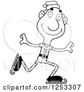 Clipart Of A Black And White Happy Grandpa Christmas Elf Ice Skating Royalty Free Vector Illustration