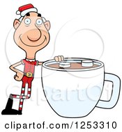 Clipart Of A Happy Grandpa Christmas Elf With A Giant Hot Chocolate Royalty Free Vector Illustration