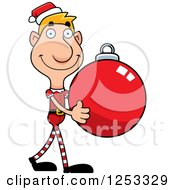 Poster, Art Print Of Happy Man Christmas Elf Carying A Bauble Ornament