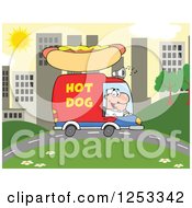 White Man Driving A Hot Dog Food Vendor Truck In A City