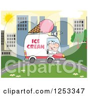 White Man Driving An Ice Cream Food Vendor Truck In A City