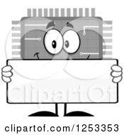 Happy Grayscale Microchip Character Holding A Blank Sign