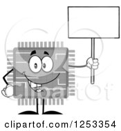 Happy Grayscale Microchip Character Holding Up A Blank Sign
