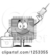 Clipart Of A Happy Grayscale Microchip Character Holding A Syringe Royalty Free Vector Illustration by Hit Toon