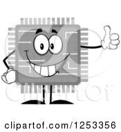 Clipart Of A Happy Grayscale Microchip Character Holding A Thumb Up Royalty Free Vector Illustration by Hit Toon