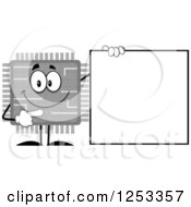 Poster, Art Print Of Happy Grayscale Microchip Character Pointing To A Blank Sign