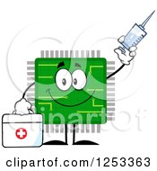Clipart Of A Happy Microchip Character Holding A Syringe Royalty Free Vector Illustration