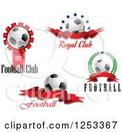 Clipart Of 3d Soccer Balls And Red Banners Royalty Free Vector Illustration