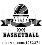 Clipart Of A Black And White Basketball Over A Banner Hoop And Text Royalty Free Vector Illustration