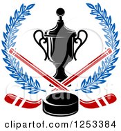 Poster, Art Print Of Championship Trophy With Hockey Sticks And A Puck In A Blue Wreath