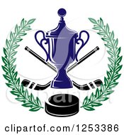 Clipart Of A Championship Trophy With Hockey Sticks And A Puck In A Green Wreath Royalty Free Vector Illustration