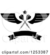 Clipart Of Black And White Crossed Darts With A Star Wings And Blank Banner Royalty Free Vector Illustration