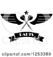 Clipart Of Black And White Crossed Darts With A Star Wings And Text Banner Royalty Free Vector Illustration