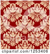 Clipart Of A Seamless Background Pattern Of Tan Damask On Red Royalty Free Vector Illustration